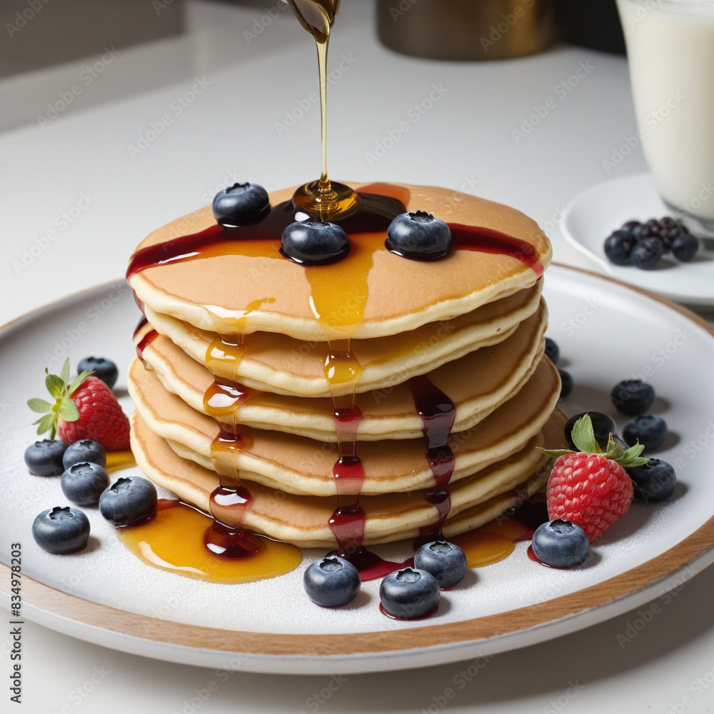 Poster delicious maple stack with generative ai: a sweet breakfast pile of blueberry and raspberry pancakes