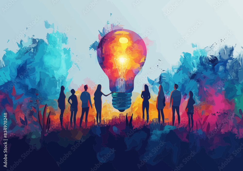 Aufkleber team brainstorming and idea generation in a colorful abstract setting with light bulb symbolizing in