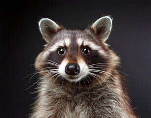 Obraz premium A curious raccoon gazes directly at the viewer with wide eyes and a slightly open mouth, against a dark background