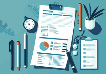 Tax Form Review with Statistical Analysis and Office Supplies in Minimalistic Business Illustration Conceptualizing Accounting and Audit for Daytime Office Tasks