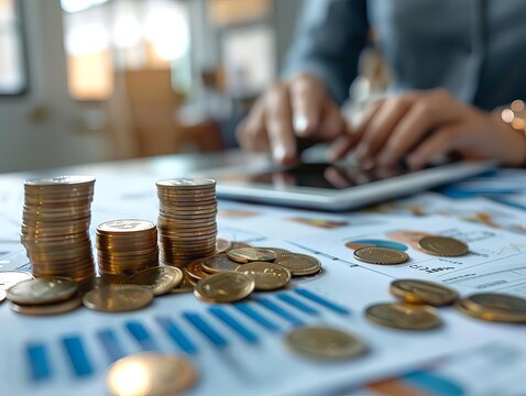 A real estate appraiser evaluating property values on a digital tablet close up, valuation theme, realistic, blend mode, modern office backdrop