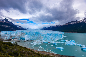 Perito Moreno glacier blue ice in Patagonia, Argentina. Patagonian beautiful mountain scenery of the national park Los Glaciares on the border Argentina and Chile stunning glacier ice landscape