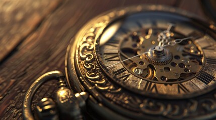 Obraz premium Close-up of an antique pocket watch showcasing intricate clockwork and detailed engravings, highlighting time, craftsmanship, and elegance.