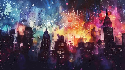 Fototapeta premium Low-angle view of colorful fireworks exploding brilliantly over a city skyline