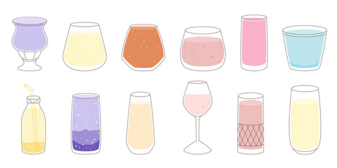 Vector illustration of glass drinkware in various shapes with dark outline and flat color liquids. Ideal for summer lemonade or cocktail designs, perfect for packaging, menus, and decor