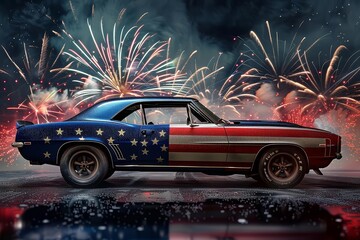 Side view of a vintage American muscle car painted with the American flag, fireworks in the background, photorealistic, July Fourth Independence Day celebration, night scene, vivid colors