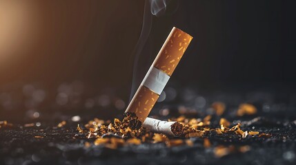 A cigarette is extinguished in an ashtray filled with ash.  The smoke rises up into the air, symbolizing the dangers of smoking.