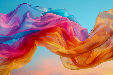 Fototapeta premium Billowing MultiColored Fabric Against Blue Sky