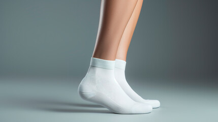 Side view of beautiful smooth female legs in short white cotton socks on a plain background on tiptoes. Mock up blank clothing template