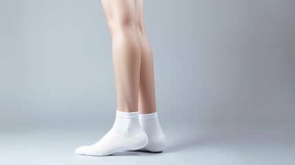Side view of beautiful smooth female legs in short white cotton socks on a plain background on tiptoes. Mock up blank clothing template