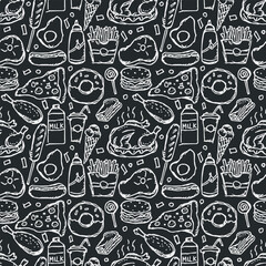 Seamless American food pattern. Doodle ilustration with american food icons. Fast food background