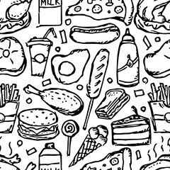 Seamless American food pattern. Doodle ilustration with american food icons. Fast food background