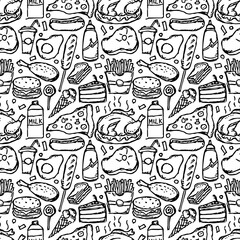 Seamless American food pattern. Doodle ilustration with american food icons. Fast food background