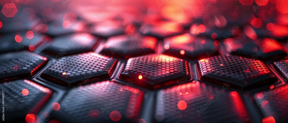 Poster 3D rendering of a metallic hexagonal surface with carbon black detailing, deep red light for futuristic design concepts