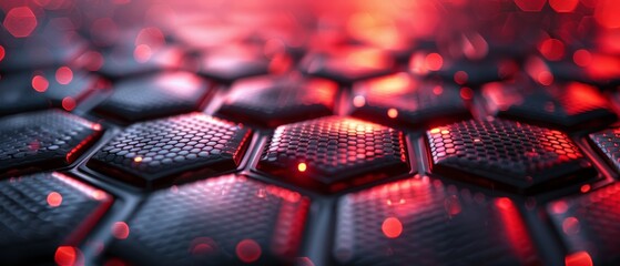 Fototapeta premium 3D rendering of a metallic hexagonal surface with carbon black detailing, deep red light for futuristic design concepts