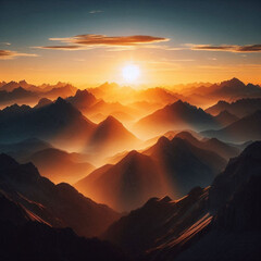 a mountain range with the sun shining through the clouds.