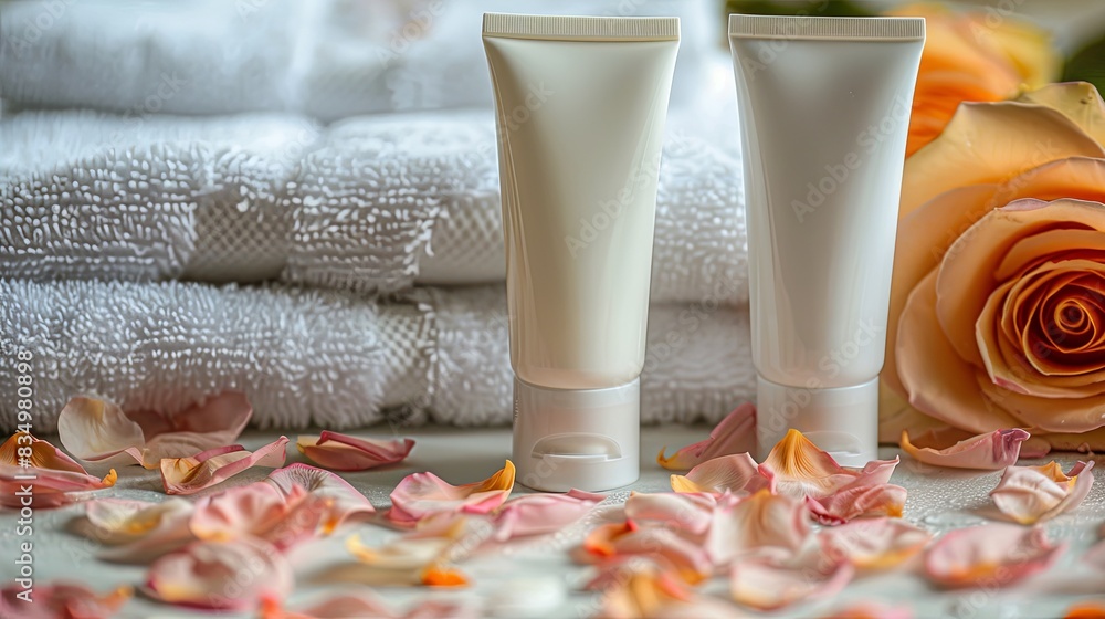 Aufkleber two white tubes of hand and foot cream on a background of soft towels and rose petals. generative ai