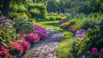 Garden with beautiful flowers. AI generated.