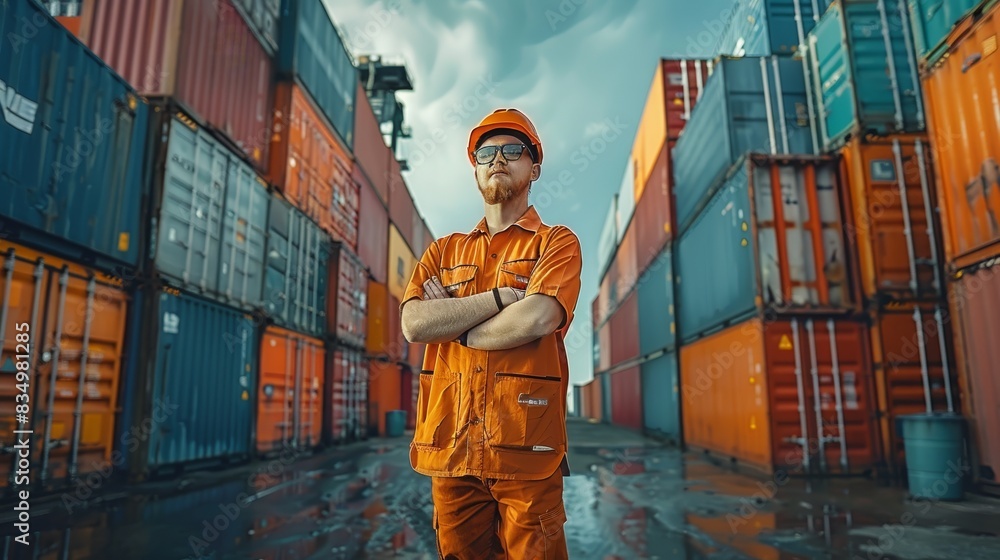 Poster an employee in uniform stands on a container yard. generative ai.