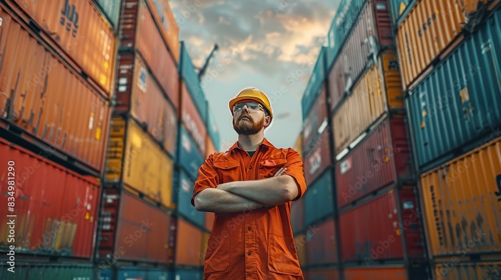 Poster an employee in uniform stands on a container yard. generative ai.