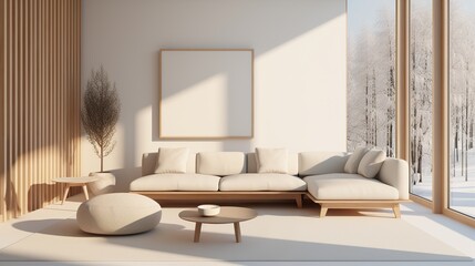 Living room interior in modern Japandi style in beige tones with poster frame