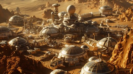 The future of living on Mars. A colony of domed structures provides a home for humans on the red planet.