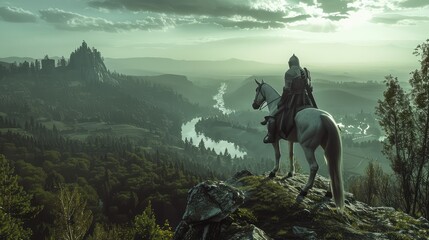 Knight on horseback on a stunning landscape background. AI generated.