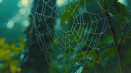 Macro photo of wet cobweb on green background. AI generated.