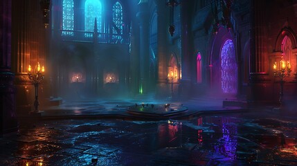 Fototapeta premium A mysterious and eerie gothic cathedral interior with glowing portals, lit by flickering candles and a shimmering pool of water on the floor.