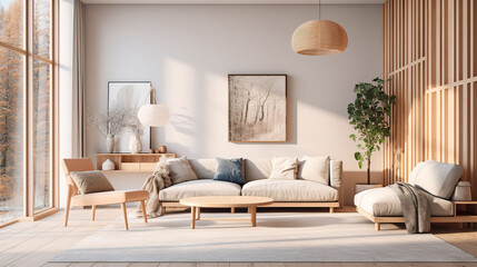 Living room interior in modern Japandi style in beige tones with poster frame