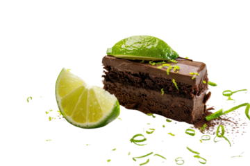 A lime zest sprinkle on a dark chocolate cake, adding a burst of citrusy aroma, isolated on white background