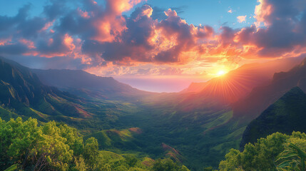 Majestic valley at sunset, Kauai island, Hawaii.