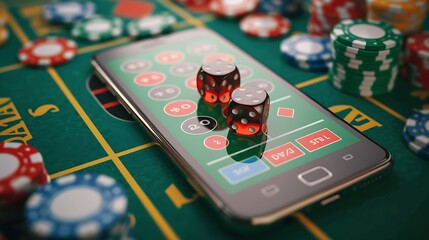 A smartphone displaying a virtual casino game with dice and chips on a green felt table.
