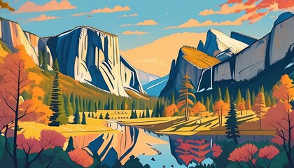landscape Travel Poster, art design view of the yosemite valley