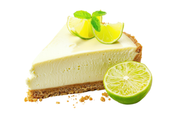 A lime cheesecake, its creamy texture contrasted by the tangy lime curd topping, isolated on white background.