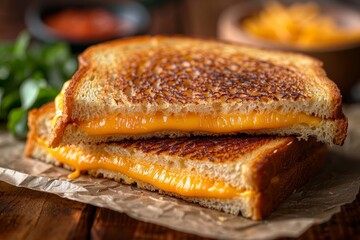 Grilled Cheese Sandwich - Golden, crispy grilled cheese sandwich cut in half. 