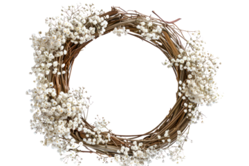 A wreath of Gypsophila flowers delicately entwined around a rustic wooden frame, isolated on white background