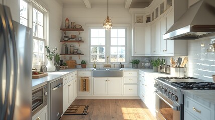 Immerse yourself in the charm of a classic American kitchen with white cabinets, stainless steel...