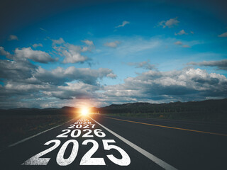 Road 2025 to 2032 new year direction concept and sustainable development concept Evening sunset time at destination