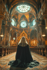 A woman in a black dress kneels in a church