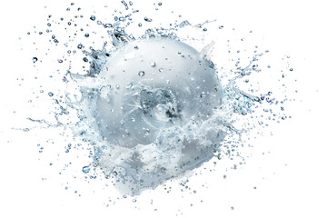 A high-speed photograph of a water balloon exploding, capturing the moment of impact and the intricate spray of water droplets, isolated on white background