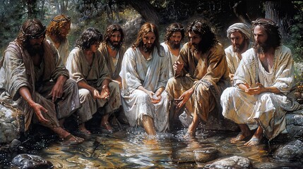 A serene depiction of Jesus Christ washing the disciples� feet.