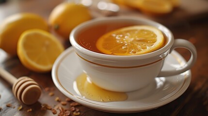 A cup of herbal tea, with a lemon wedge and honey dipper nearby.