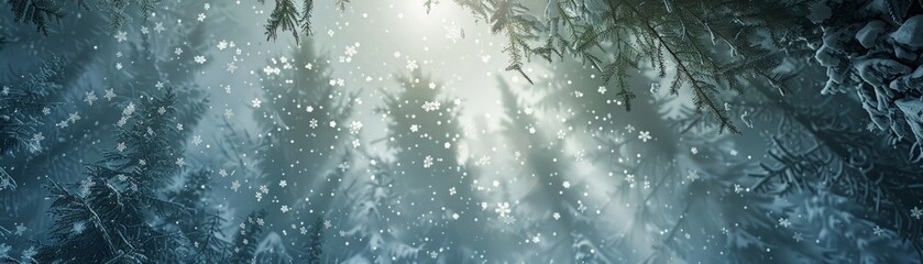 Obraz premium Serene winter forest scene with sun rays filtering through snow-covered trees, creating a magical, tranquil atmosphere.