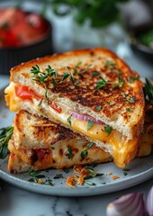 Grilled Cheese Sandwich - Golden, crispy grilled cheese sandwich cut in half. 