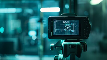 Close-up of a camera on a tripod, recording a scene in a modern, futuristic setting. The screen displays a play button, ready to capture the action.