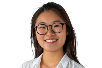 A friendly young Asian employee with a contagious smile, exuding warmth and professionalism, on a white background.