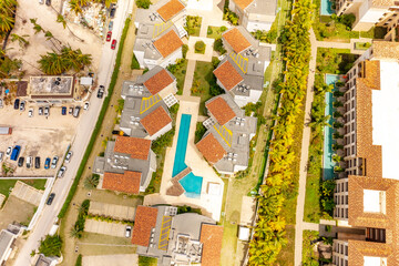 Luxurious exterior design of tropical complex with pools and buildings. Punta Cana, Dominicana. Dron
