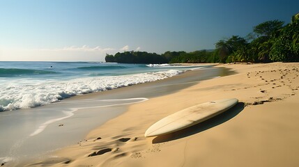 Deserted tropical beach with white sand and clear blue water.