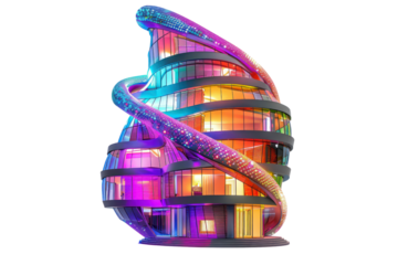 A futuristic residential building shaped like a giant DNA helix, adorned with vibrant LED lights, isolated on white background.